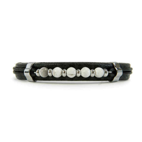 Pulseira Masculina em Pele Preta com Contas de Pedra Natural
