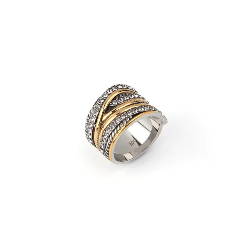 Anel Aço Prateado e Dourado com Brilhantes size 8