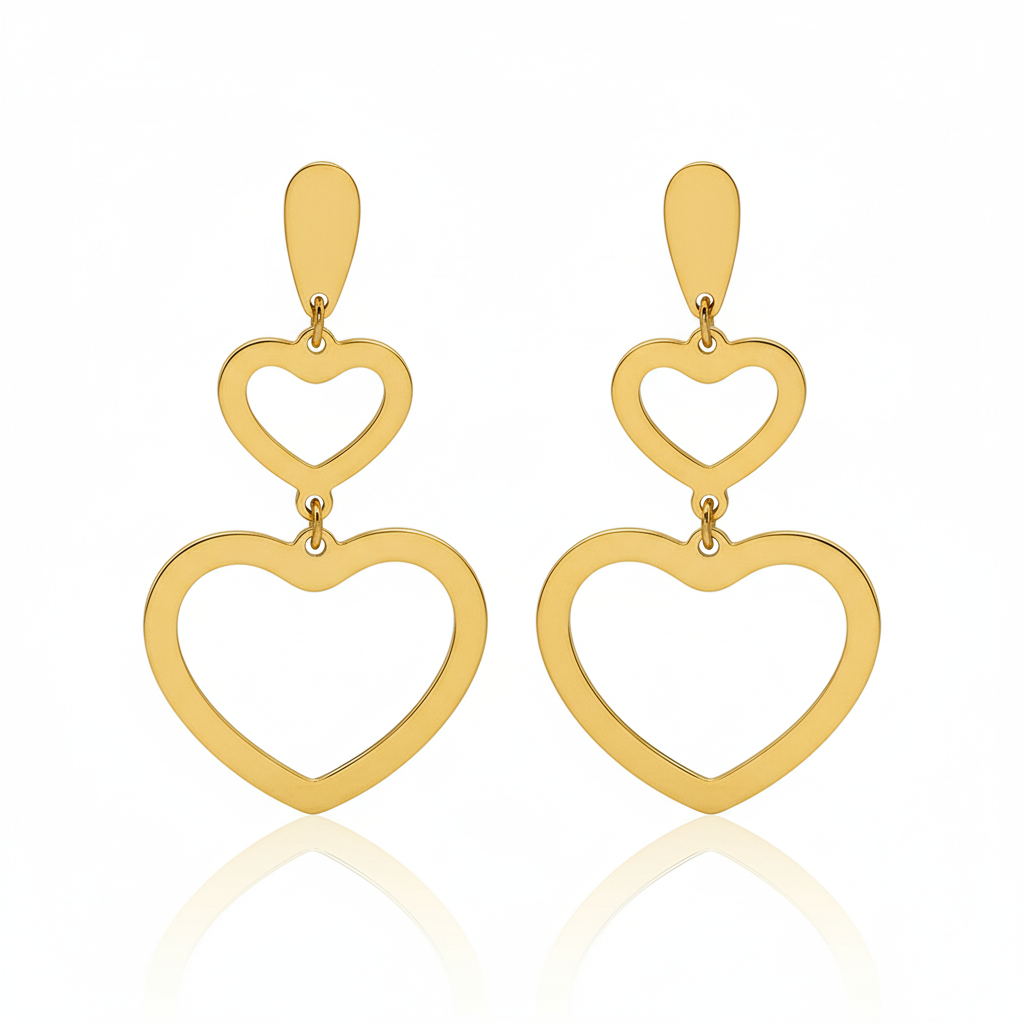Gold-plated heart-shaped dangling earrings in stainless steel.