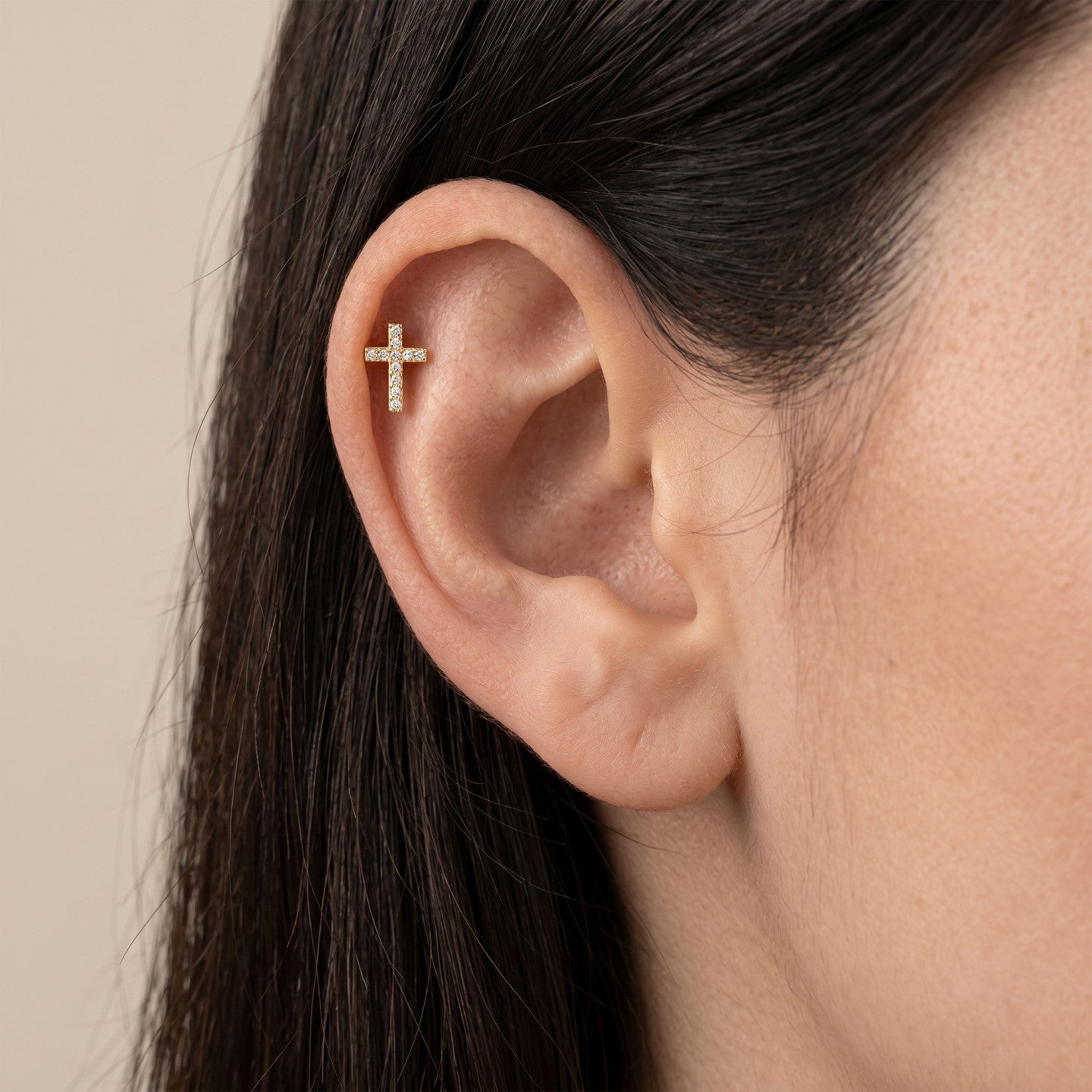 Piercing em Aço Dourado com Cruz e Zircônias