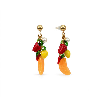 Brincos Pendentes Dourados com Cachos de Frutas e Legumes Coloridos