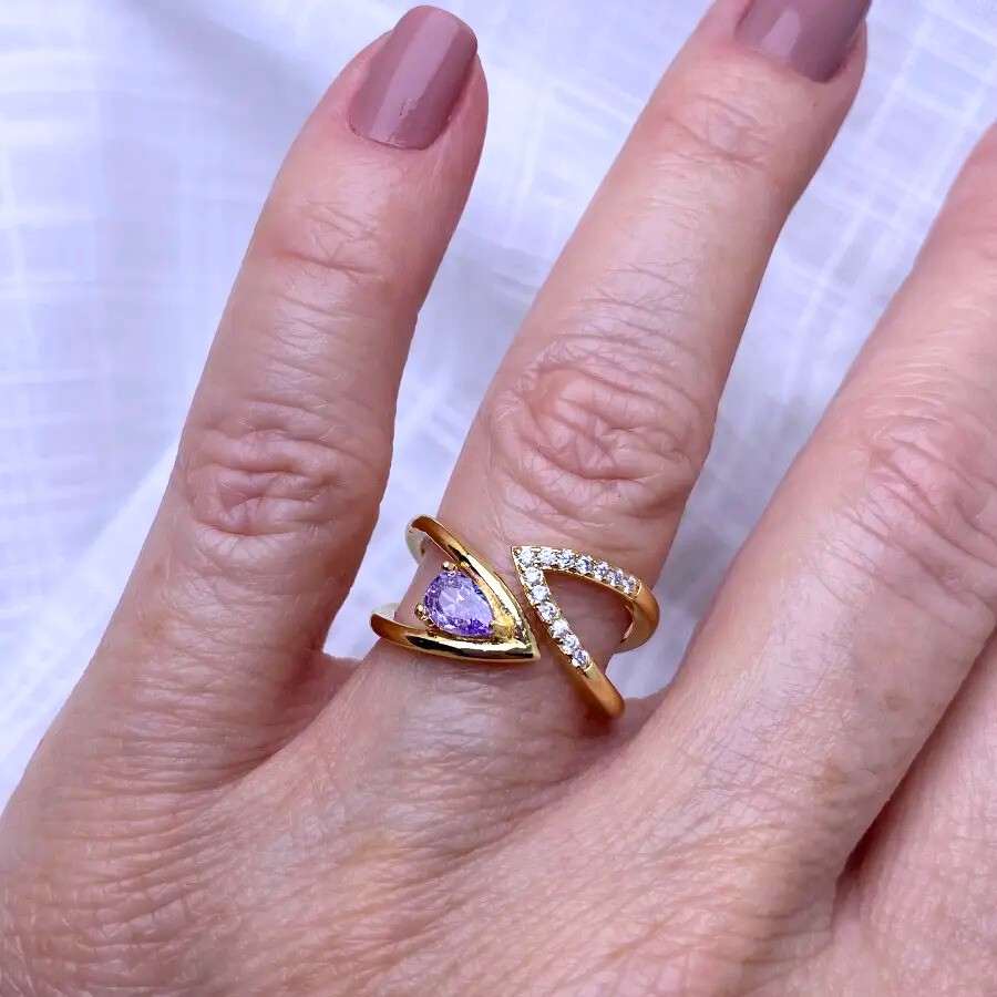 Geometric Gold Ring with Lilac Stone and Cubic Zirconia