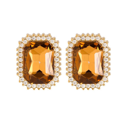 Brincos Dourados com Cristal Retangular Âmbar e Zircónias