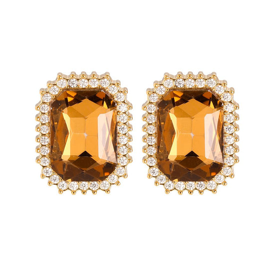 Gold Earrings with Rectangular Amber Crystal and Cubic Zirconia