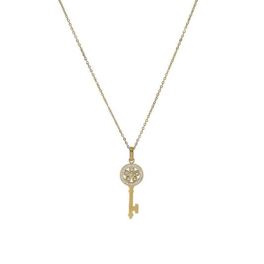 Colar Feminino em Aço Dourado com Pendente de Chave