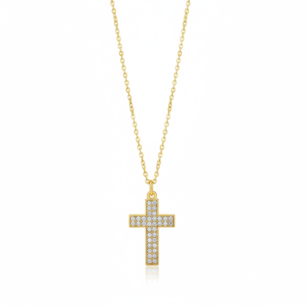 Gold-plated stainless steel necklace with a studded cross.