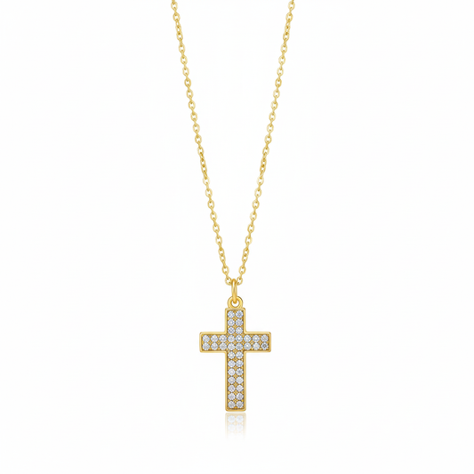 Colar em Aço Inoxidável Dourado com Cruz Cravejada