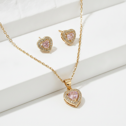 Conjunto Feminino Banhado a Ouro 14k com Coração Rosa