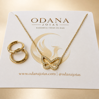 Conjunto Dourado em Aço Inoxidável com Borboleta e Zircônias
