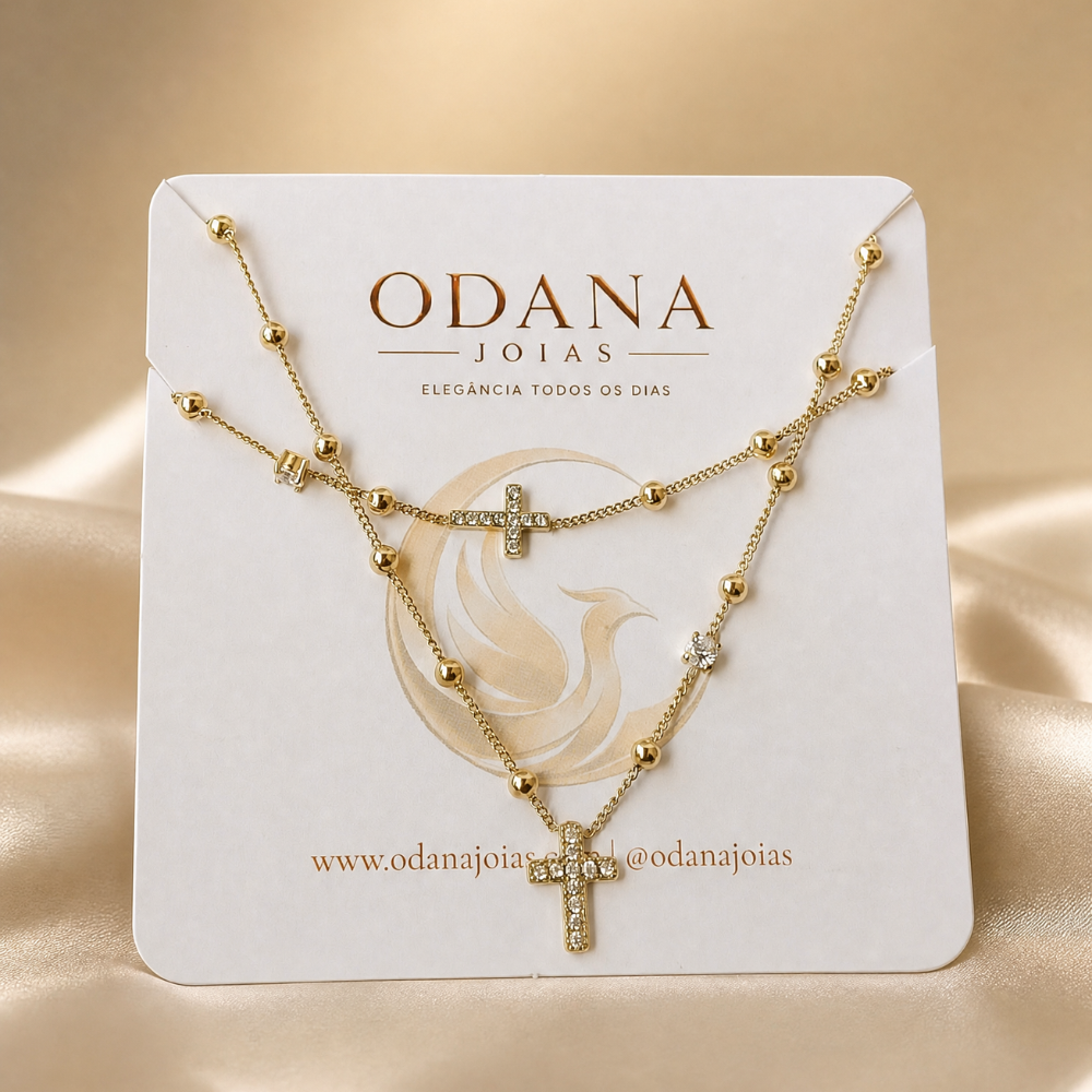 Conjunto Dourado em Aço com Cruz Cravejada