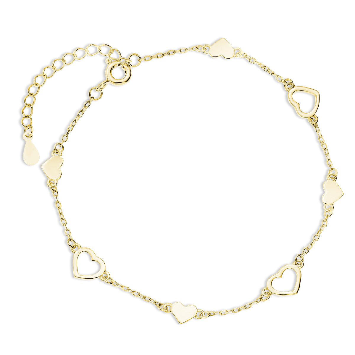 Gold bracelet with assorted openwork and smooth hearts.