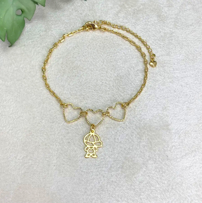 Pulseira com Corações Vazados com Menino em banho 18K