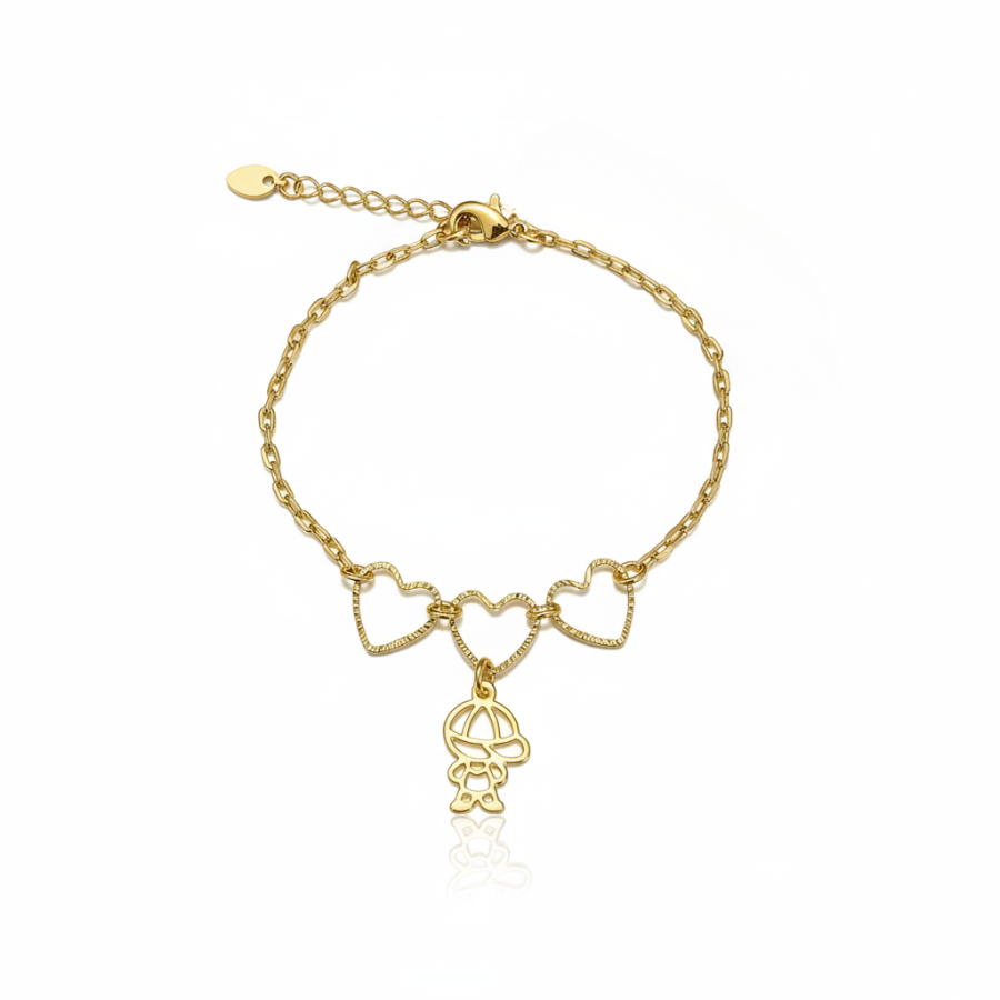 Pulseira com Corações Vazados com Menino em banho 18K