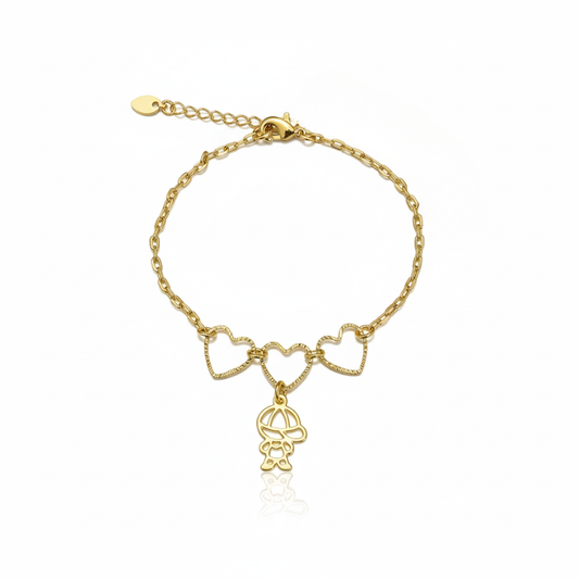 Pulseira com Corações Vazados com Menino em banho 18K