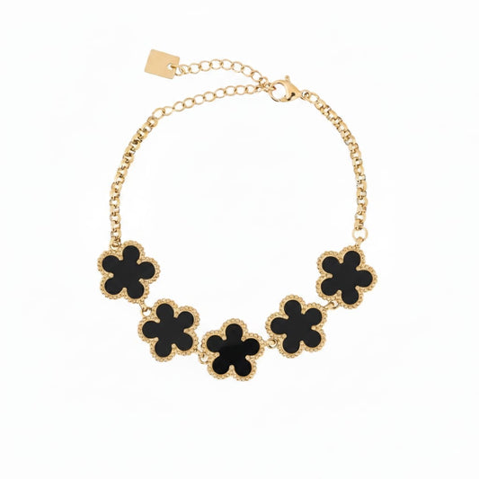 Pulseira em Aço Dourado com 5 Trevos Pretos