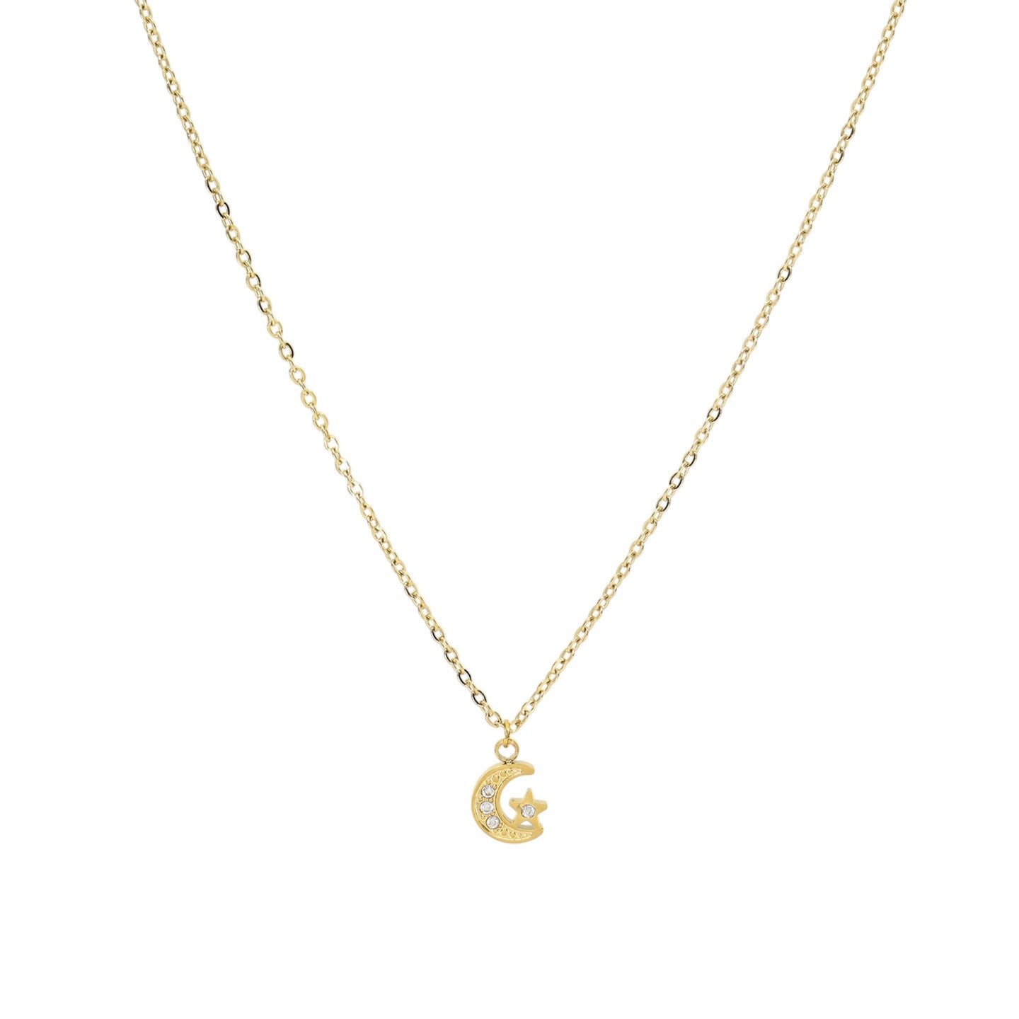 Colar Feminino em Aço Dourado com Pendente de Lua e Estrela