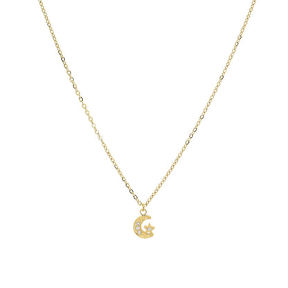 Colar Feminino em Aço Dourado com Pendente de Lua e Estrela