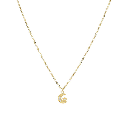 Colar Feminino em Aço Dourado com Pendente de Lua e Estrela