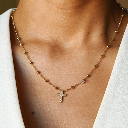 Conjunto Dourado em Aço com Cruz Cravejada